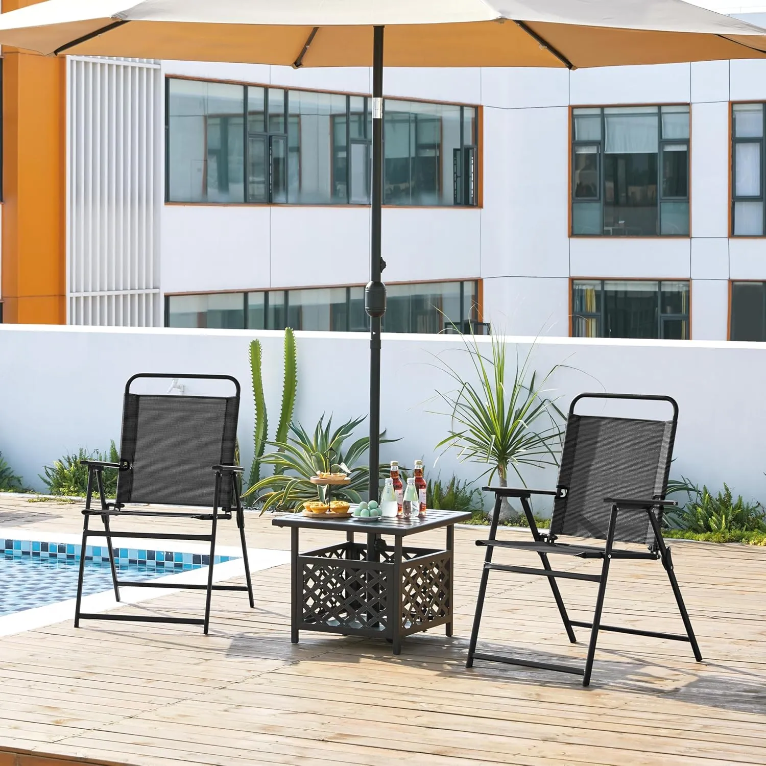 Yaheetech Outdoor Patio Folding Chairs Set of 4, Portable Dining Chairs for Camping, Lawn, Garden and Porch with Metal Frame, Armrests, Stackable