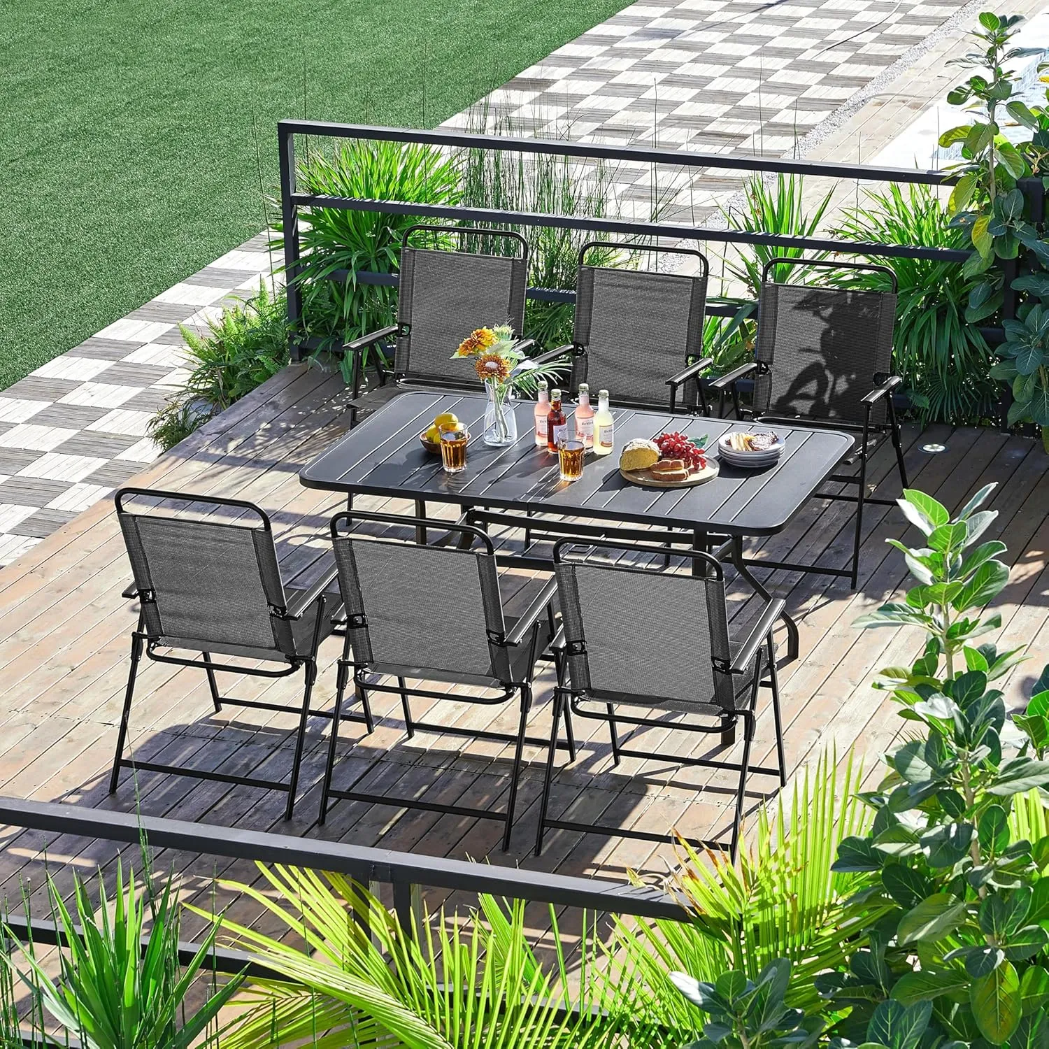 Yaheetech Outdoor Patio Folding Chairs Set of 4, Portable Dining Chairs for Camping, Lawn, Garden and Porch with Metal Frame, Armrests, Stackable