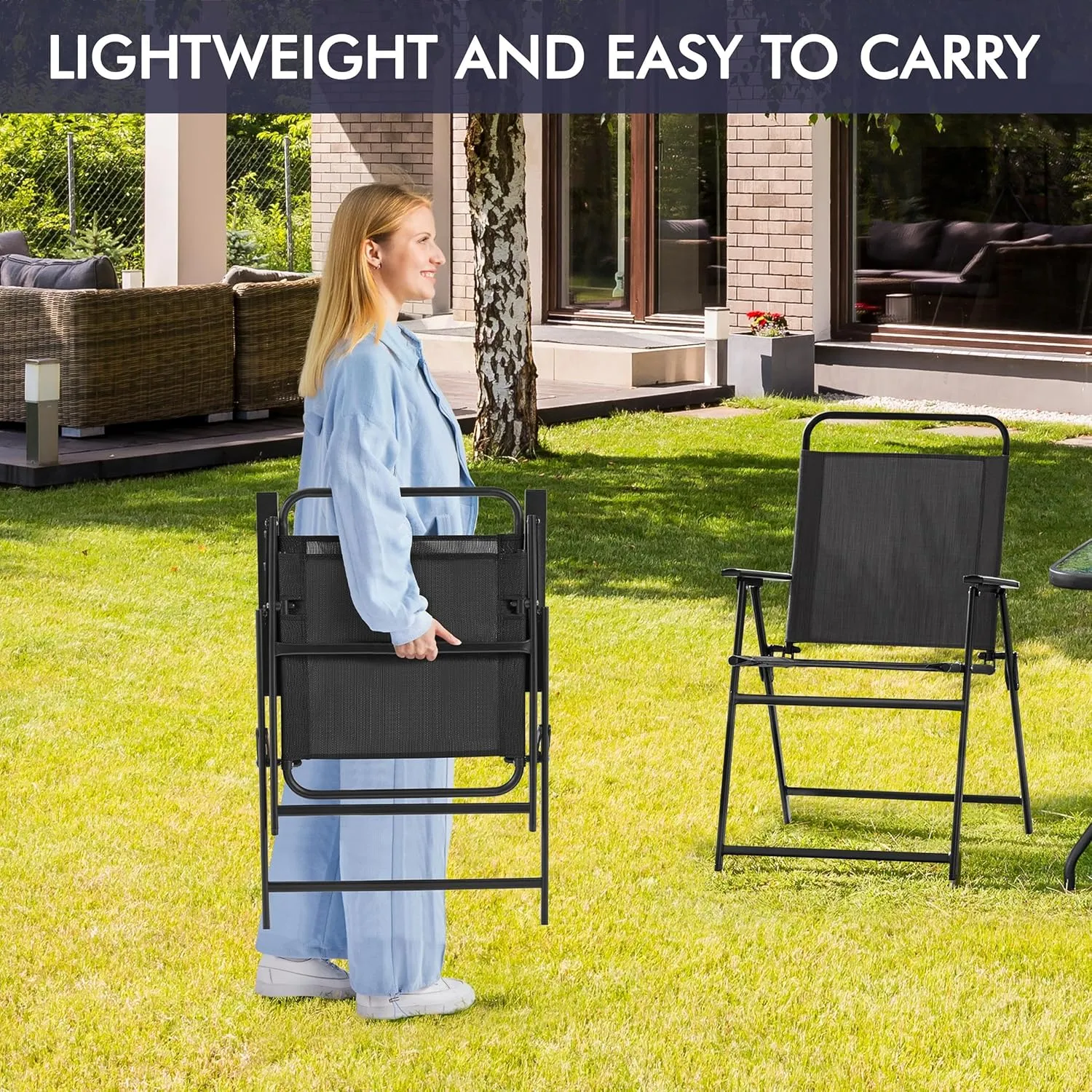 Yaheetech Outdoor Patio Folding Chairs Set of 4, Portable Dining Chairs for Camping, Lawn, Garden and Porch with Metal Frame, Armrests, Stackable