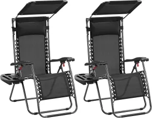 Yaheetech Outdoor Zero Gravity Chair Foldable Recliner Adjustable Patio Lounge w/Canopy Shade, Side Cup Holder Tray, Carry Strap for Garden Beach Lawn Deck Black/2