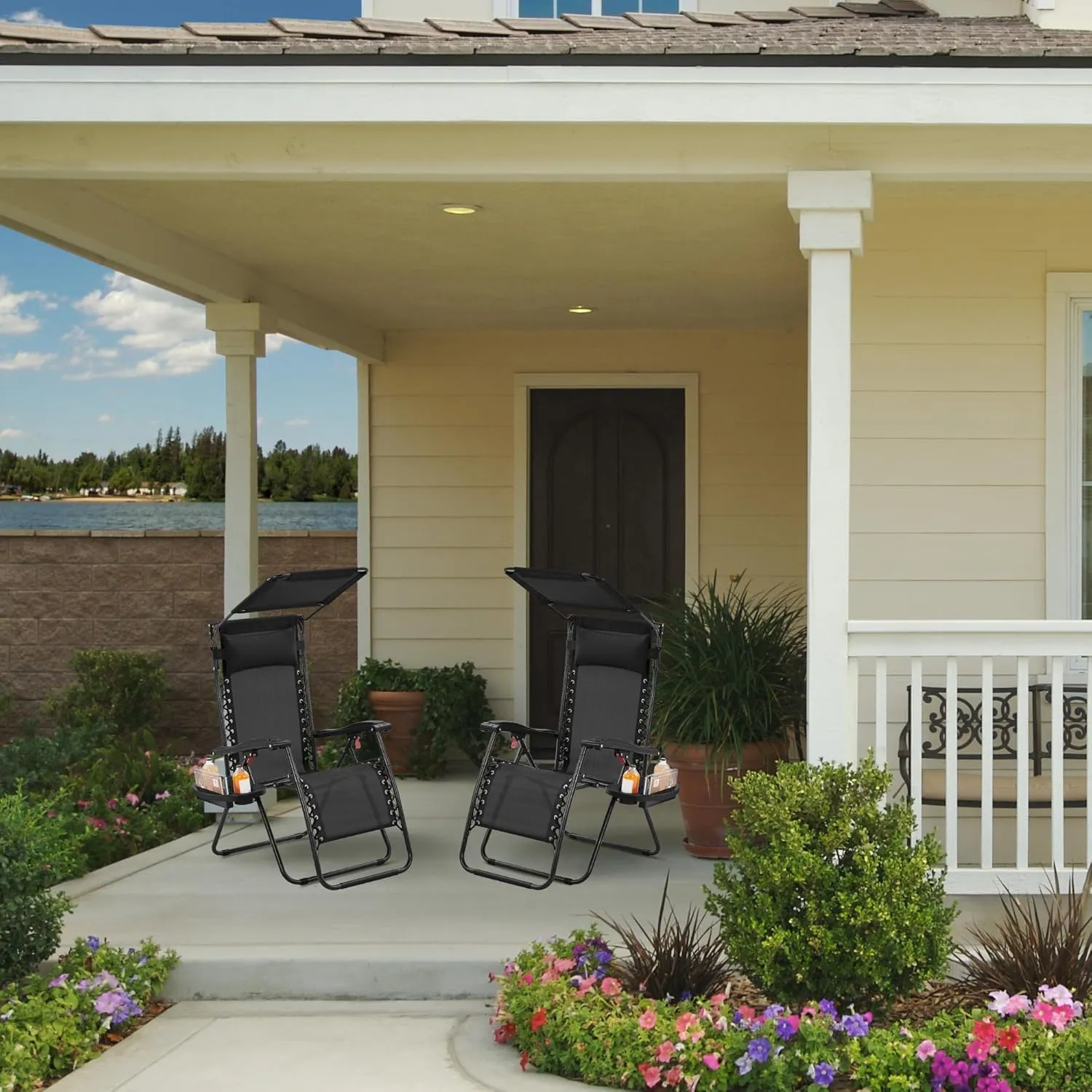 Yaheetech Outdoor Zero Gravity Chair Foldable Recliner Adjustable Patio Lounge w/Canopy Shade, Side Cup Holder Tray, Carry Strap for Garden Beach Lawn Deck Black/2