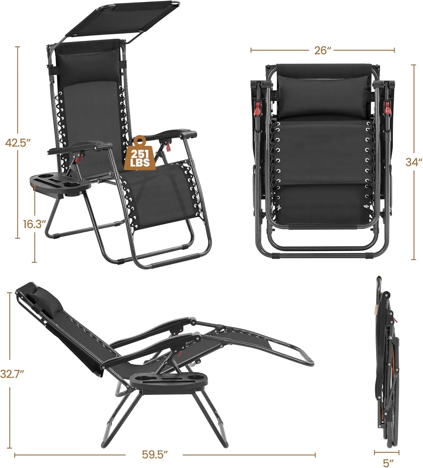 Yaheetech Outdoor Zero Gravity Chair Foldable Recliner Adjustable Patio Lounge w/Canopy Shade, Side Cup Holder Tray, Carry Strap for Garden Beach Lawn Deck Black/2