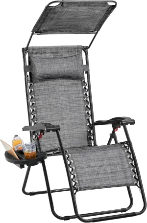 Yaheetech Outdoor Zero Gravity Chair Foldable Recliner Adjustable Patio Lounge w/Canopy Shade, Side Cup Holder Tray, Carry Strap for Garden Beach Lawn Deck Gray/1