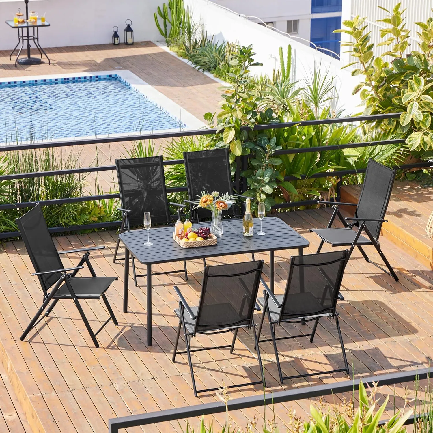 Yaheetech Patio Folding Dining Chairs Set of 2, Stackable Outdoor Lawn Chairs with 8 Adjustable Back Positions and Armrest for Garden, Lawn, Yard and Beach, Black