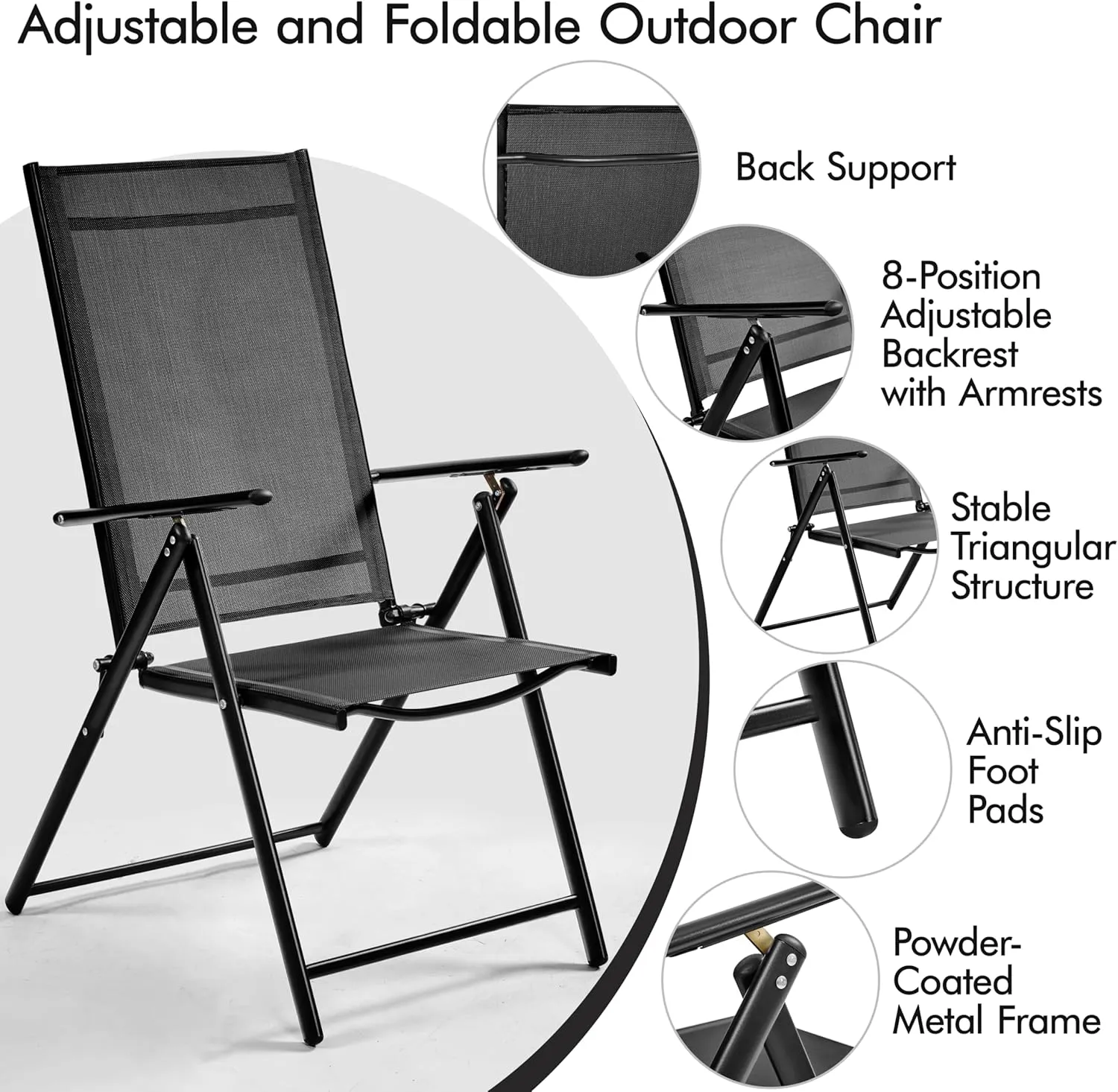 Yaheetech Patio Folding Dining Chairs Set of 2, Stackable Outdoor Lawn Chairs with 8 Adjustable Back Positions and Armrest for Garden, Lawn, Yard and Beach, Black