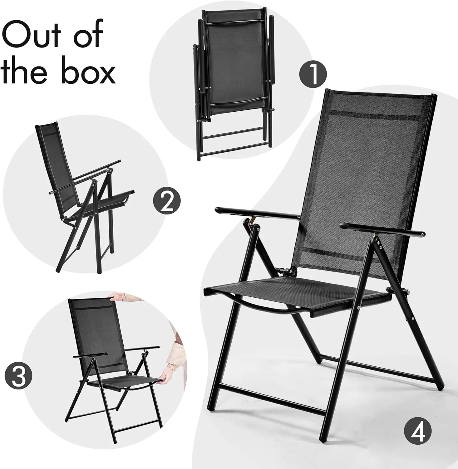 Yaheetech Patio Folding Dining Chairs Set of 2, Stackable Outdoor Lawn Chairs with 8 Adjustable Back Positions and Armrest for Garden, Lawn, Yard and Beach, Black