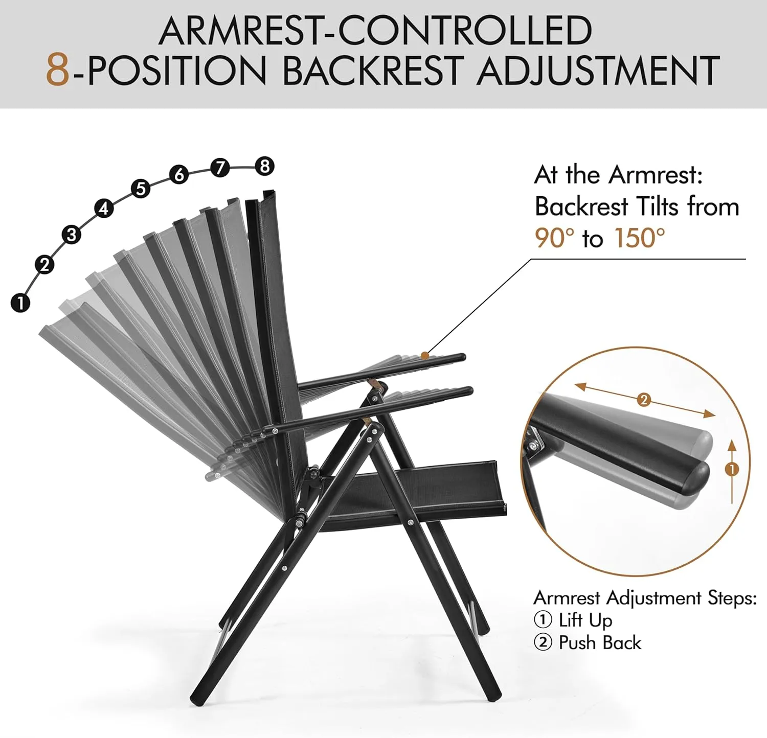 Yaheetech Patio Folding Dining Chairs Set of 2, Stackable Outdoor Lawn Chairs with 8 Adjustable Back Positions and Armrest for Garden, Lawn, Yard and Beach, Black