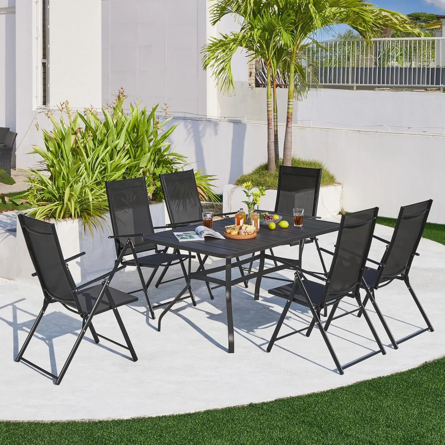 Yaheetech Patio Folding Dining Chairs Set of 2, Stackable Outdoor Lawn Chairs with 8 Adjustable Back Positions and Armrest for Garden, Lawn, Yard and Beach, Black