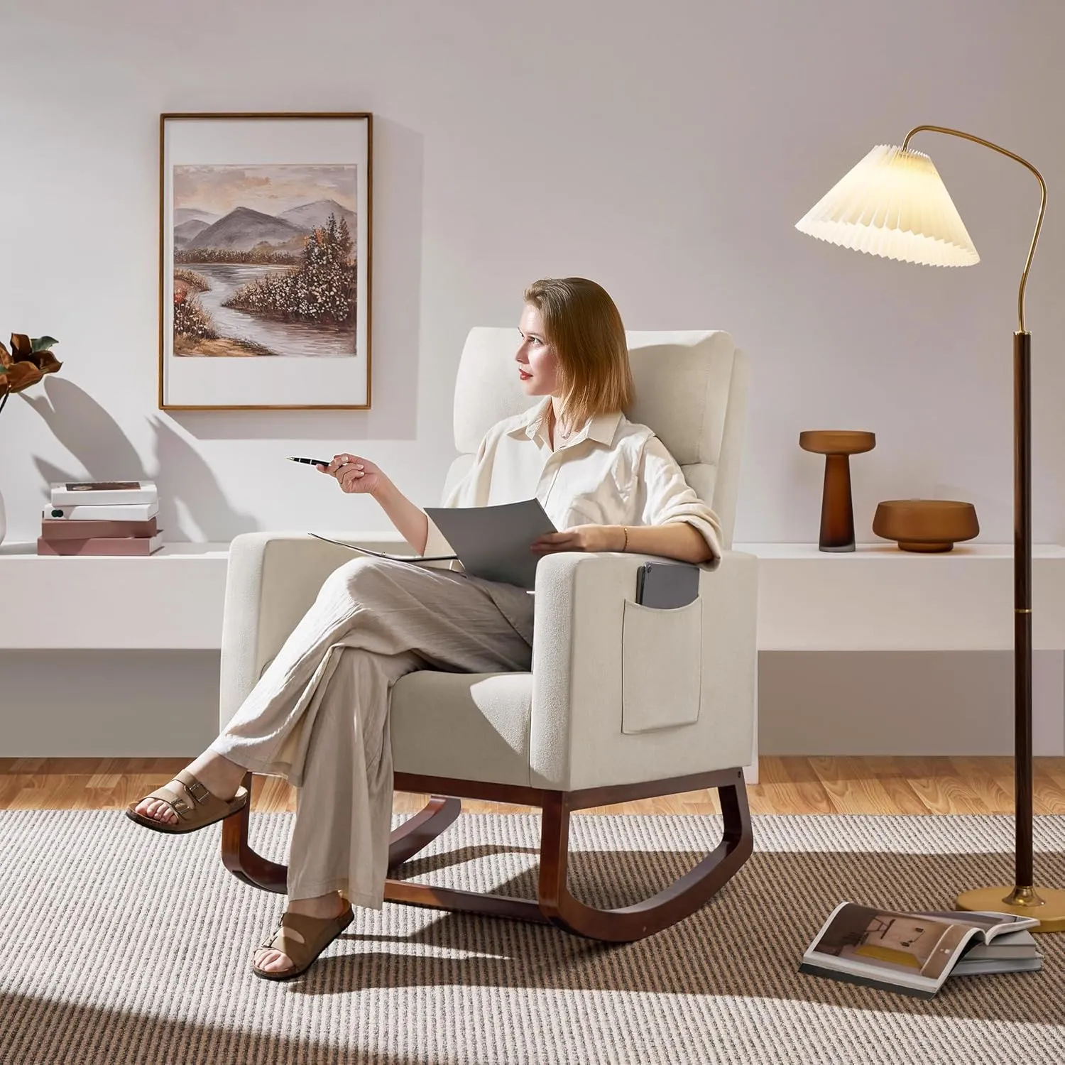 Yaheetech Rocking Chair, Modern Glider Chair, Recliner Armchair with Wood Legs and Side Pocket, Nursery Rocking Accent Chair with High Back for Living Room Bedroom, Beige