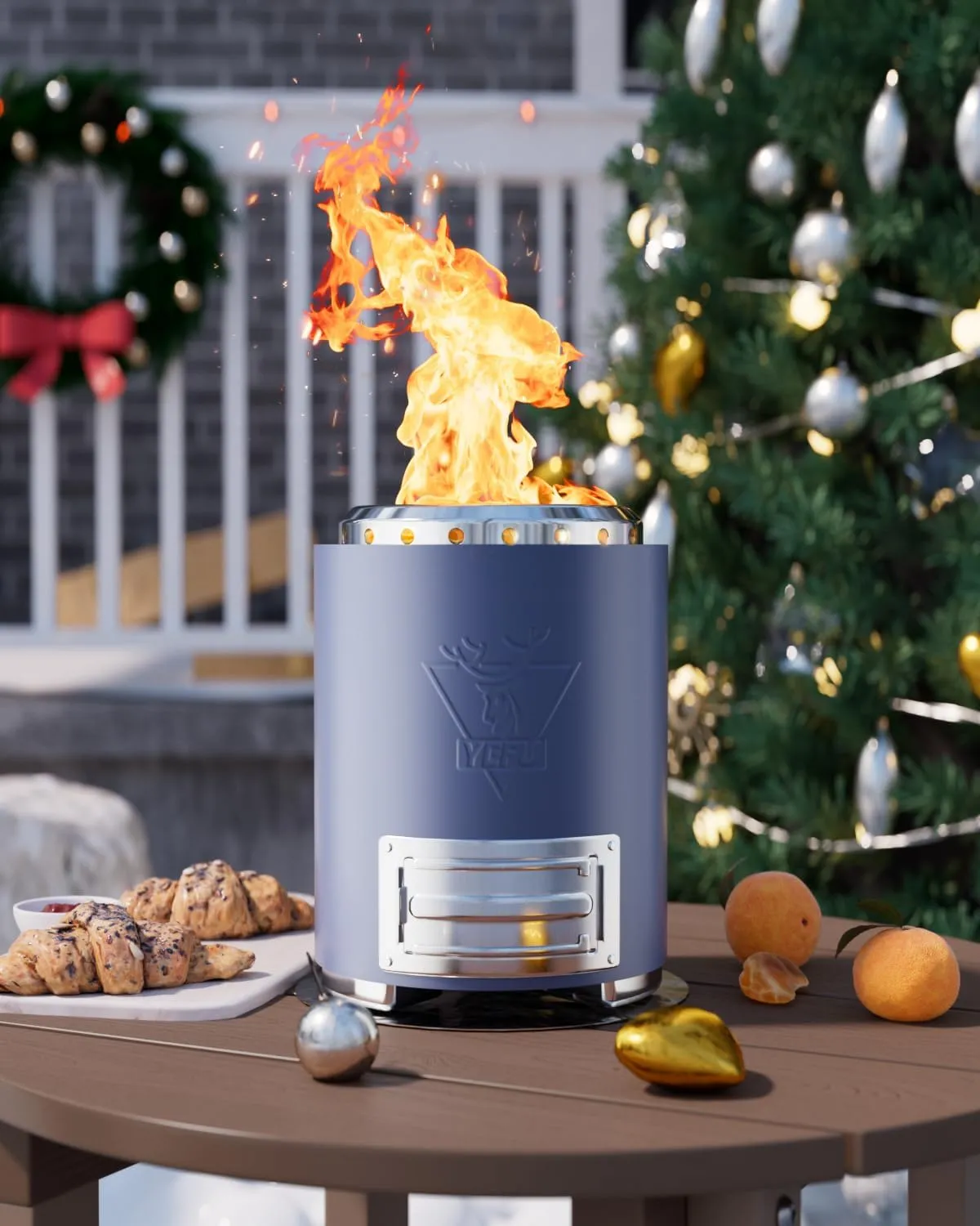 YEFU Tabletop Fire Pit 9.7 x 7.1 in, Flame Intensity Control Camping Stove for Outdoor & Patio, Fueled by Pellets or Wood, Safe Burning Table Top Firepit, with Travel Bag & 2 Mini Sticks, Blue