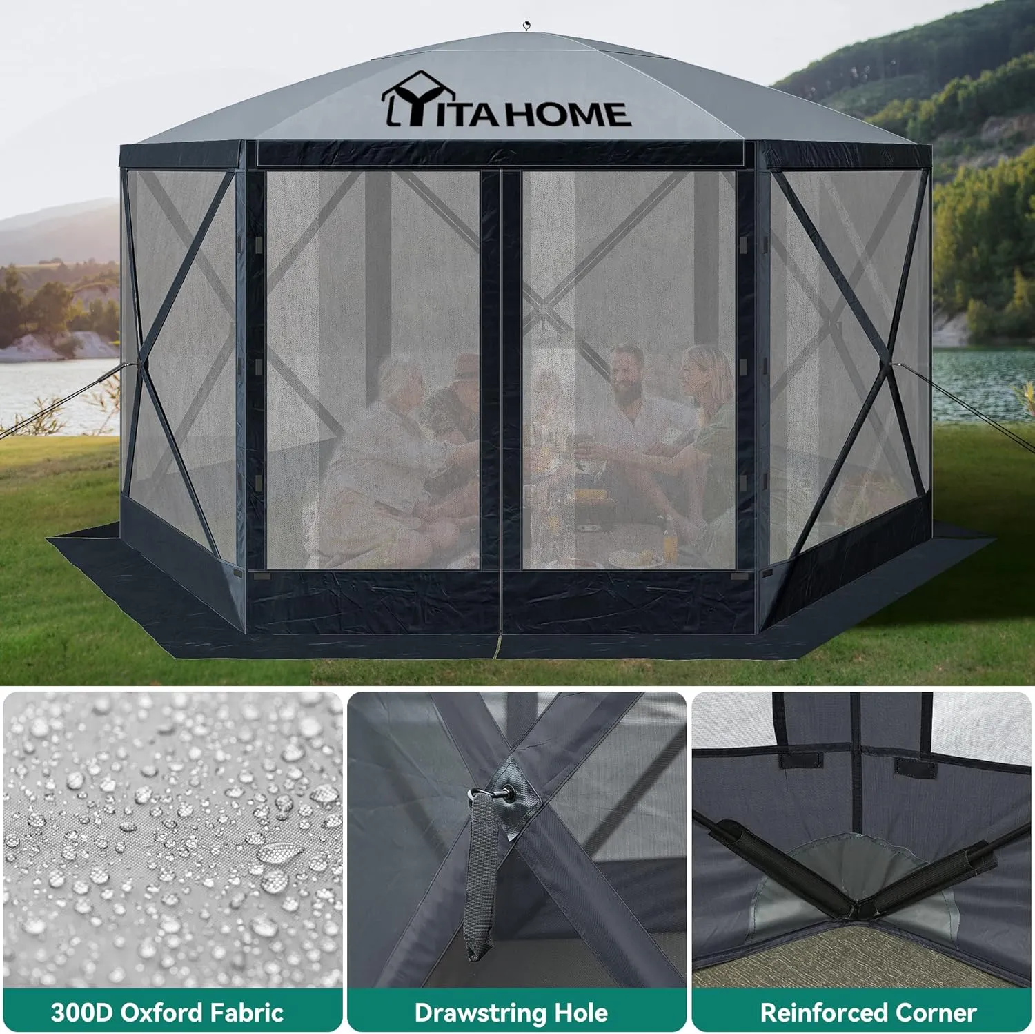 YITAHOME 11.5x11.5ft Camping Gazebo, Portable Pop Up Canopy Outdoor Screen Tent 6 Sided with Mesh Windows and Carry Bag for Camping, Picnic, Backyard Party Outside Activities, Gray