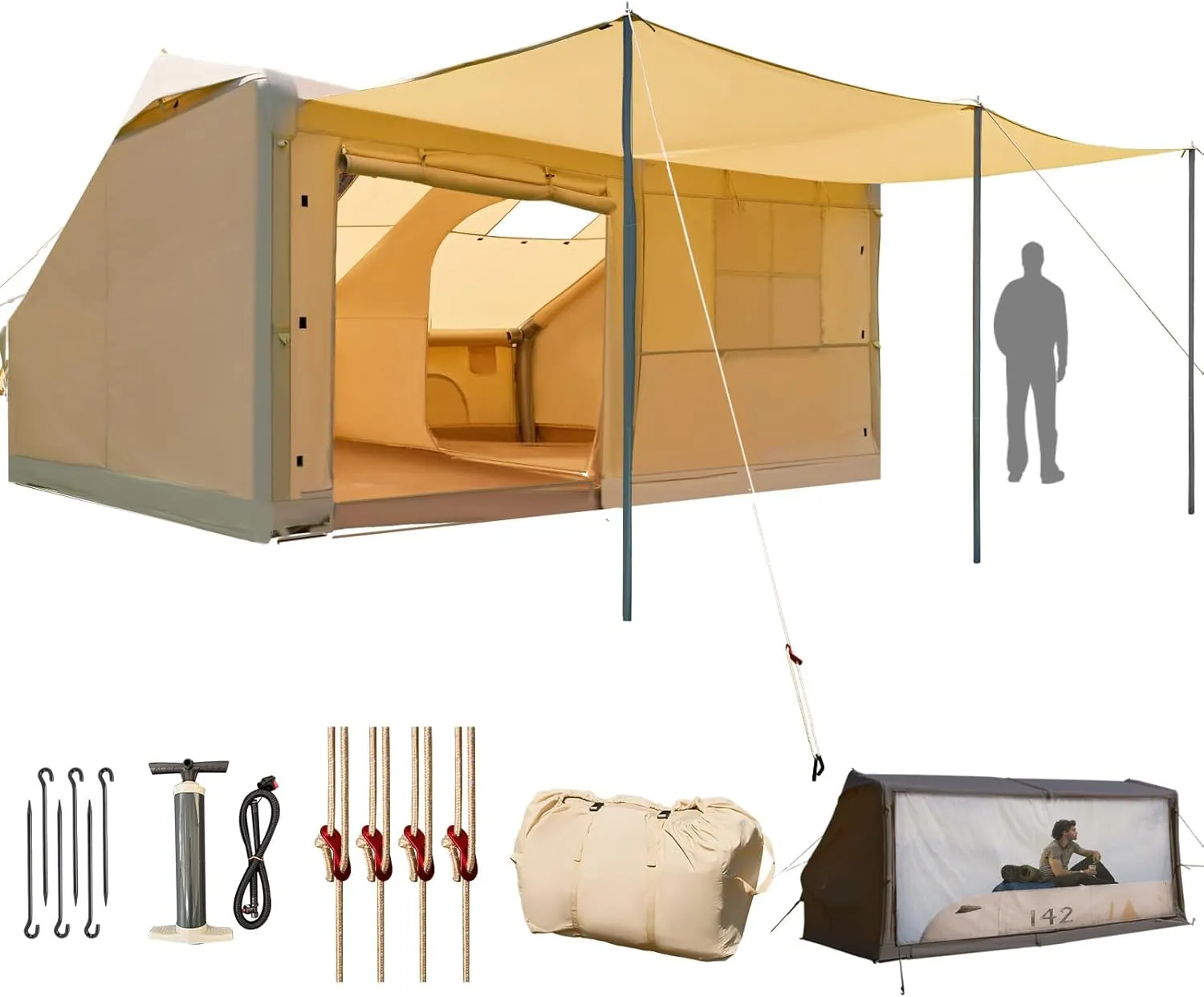 YOLENY Inflatable Tents for Camping, 4/6/8/10/12 Person Tent with TPU Skylight, Mesh Windows, Stove Jack & Pump, Easy Setup 4 Season Glamping Tent, Waterproof & Windproof