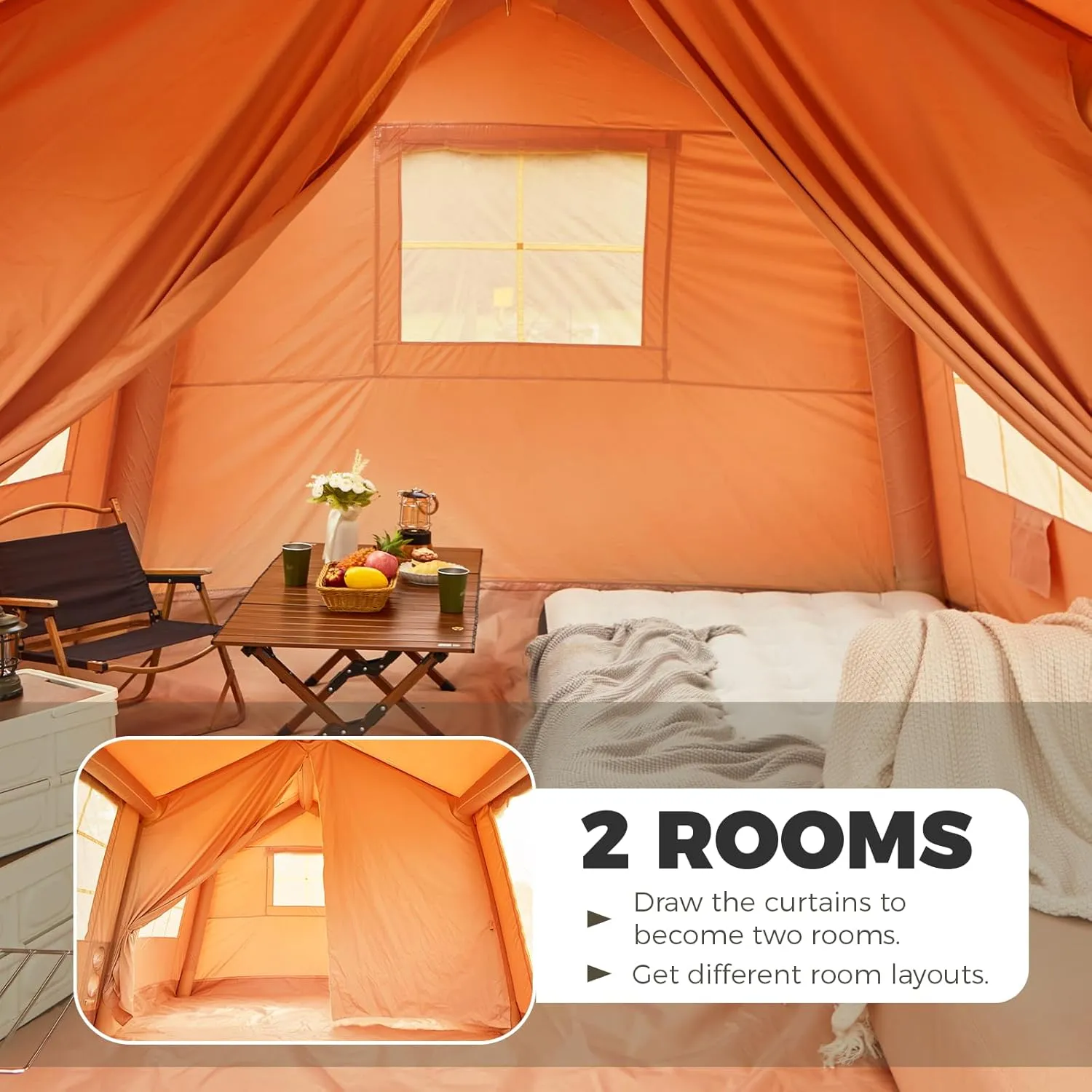 YOLENY Inflatable Tents for Camping, 4/6/8/10/12 Person Tent with TPU Skylight, Mesh Windows, Stove Jack & Pump, Easy Setup 4 Season Glamping Tent, Waterproof & Windproof
