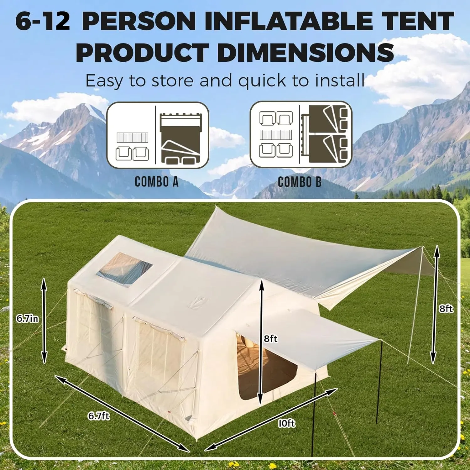 YOLENY Inflatable Tents for Camping, 4/6/8/10/12 Person Tent with TPU Skylight, Mesh Windows, Stove Jack & Pump, Easy Setup 4 Season Glamping Tent, Waterproof & Windproof