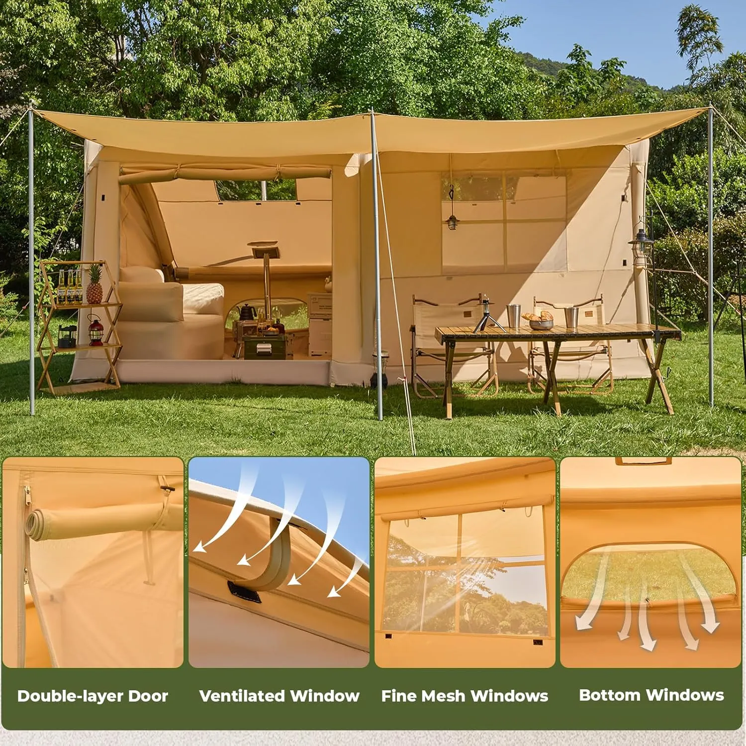 YOLENY Inflatable Tents for Camping, 4/6/8/10/12 Person Tent with TPU Skylight, Mesh Windows, Stove Jack & Pump, Easy Setup 4 Season Glamping Tent, Waterproof & Windproof
