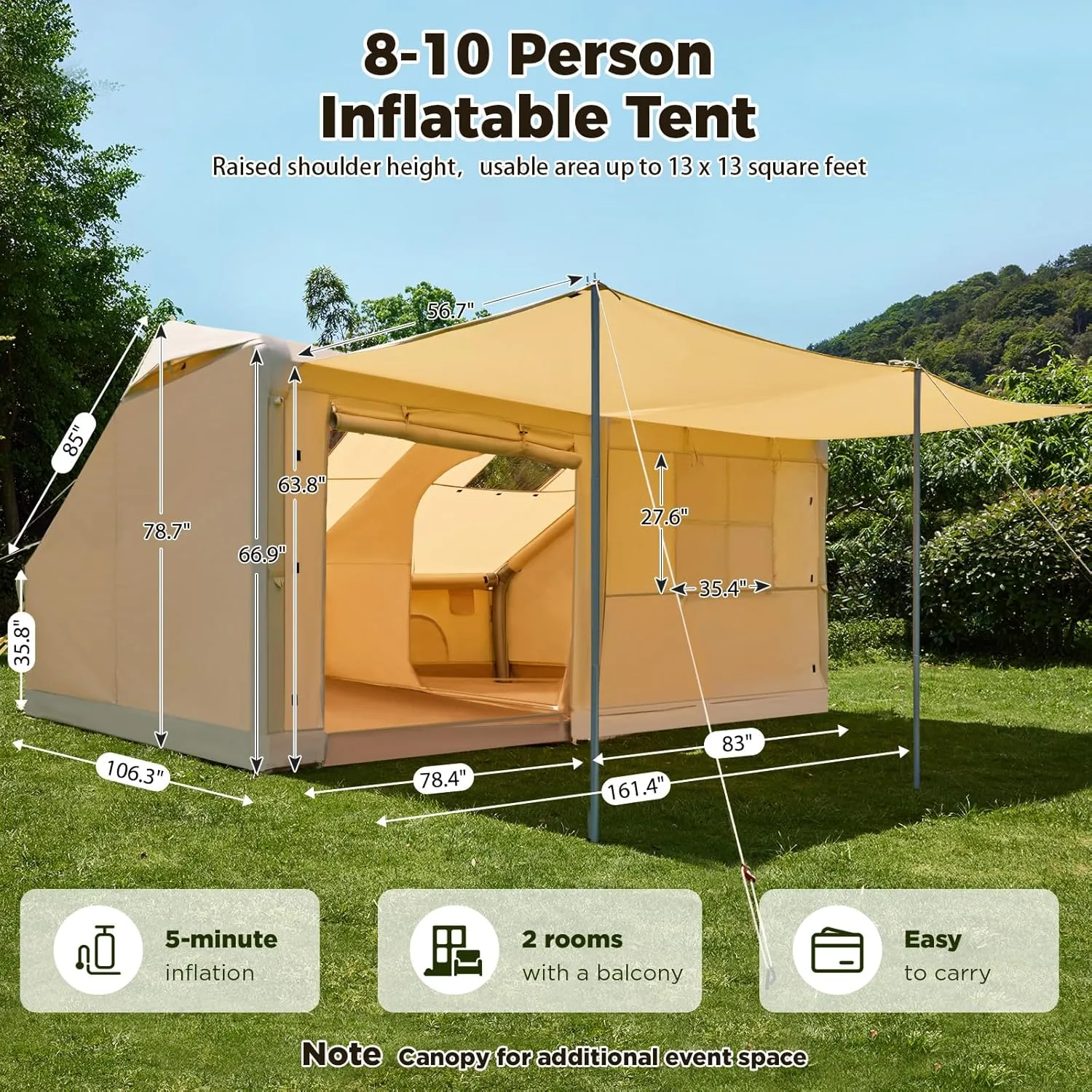 YOLENY Inflatable Tents for Camping, 4/6/8/10/12 Person Tent with TPU Skylight, Mesh Windows, Stove Jack & Pump, Easy Setup 4 Season Glamping Tent, Waterproof & Windproof