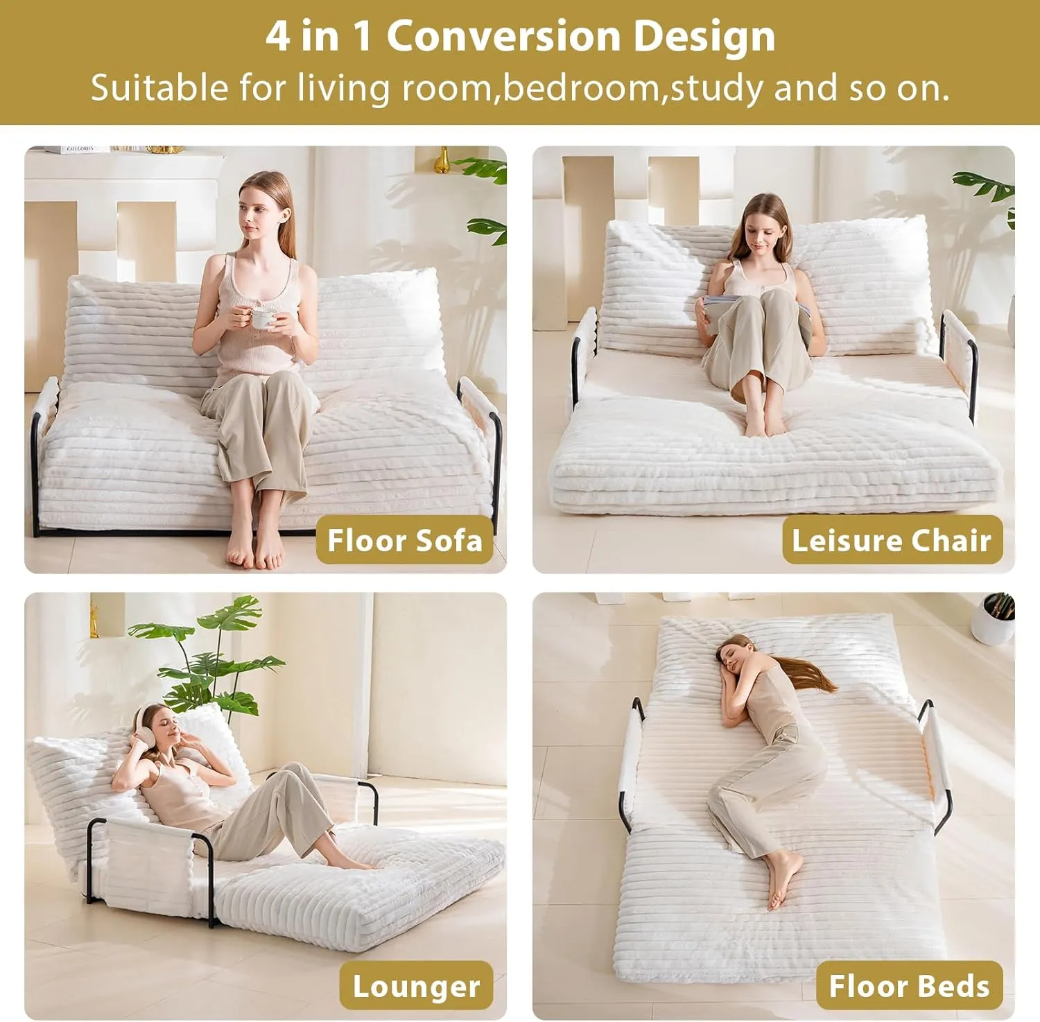 YOSHOOT Adjustable Lazy Floor Sofa, Convertible Bean Bag Sofa Bed Couch, 5-Position Foldable Sleeper Chair with Armrest, Versatile Floor Seating Sofa for Reading Gaming, Beige
