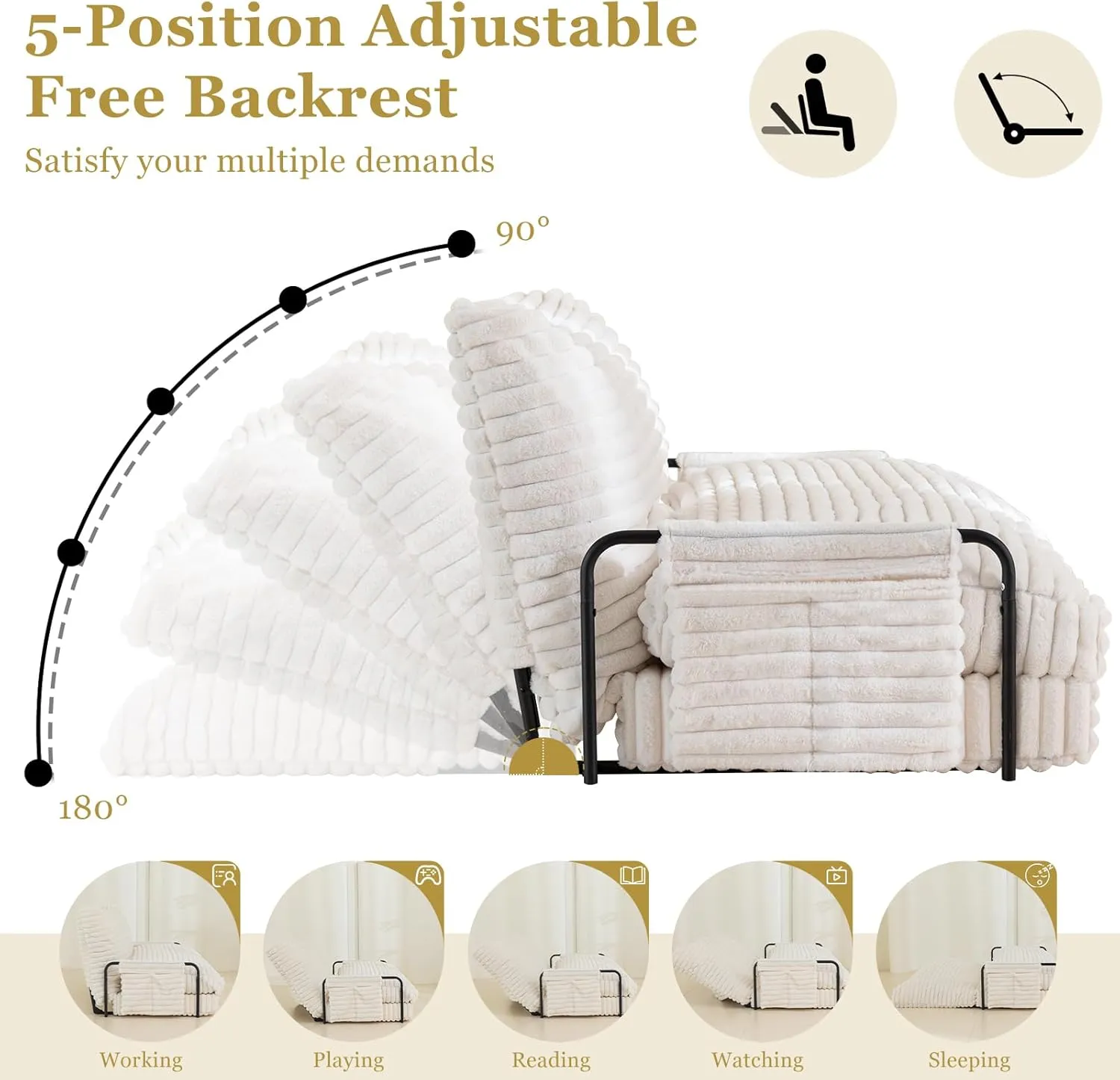 YOSHOOT Adjustable Lazy Floor Sofa, Convertible Bean Bag Sofa Bed Couch, 5-Position Foldable Sleeper Chair with Armrest, Versatile Floor Seating Sofa for Reading Gaming, Beige