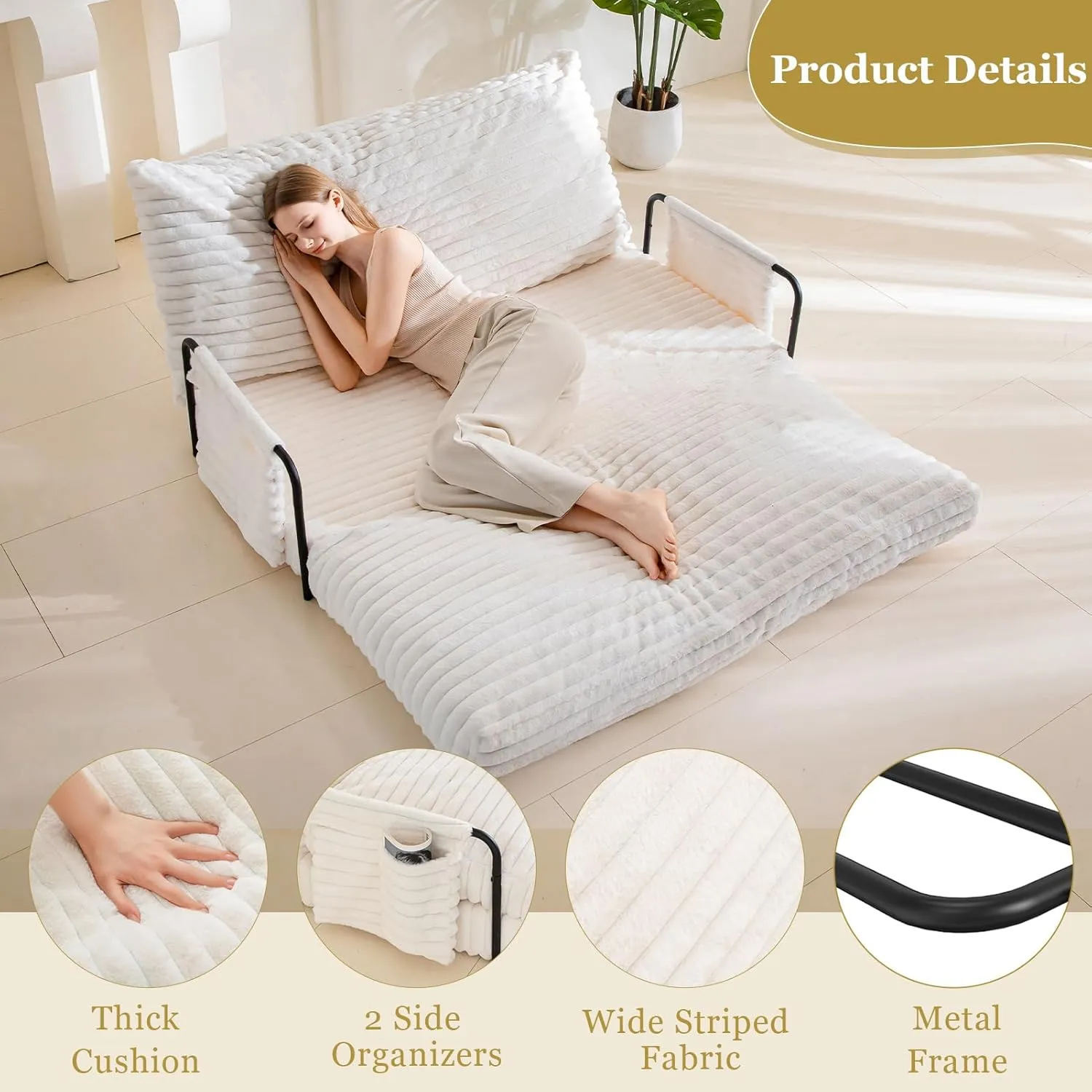 YOSHOOT Adjustable Lazy Floor Sofa, Convertible Bean Bag Sofa Bed Couch, 5-Position Foldable Sleeper Chair with Armrest, Versatile Floor Seating Sofa for Reading Gaming, Beige