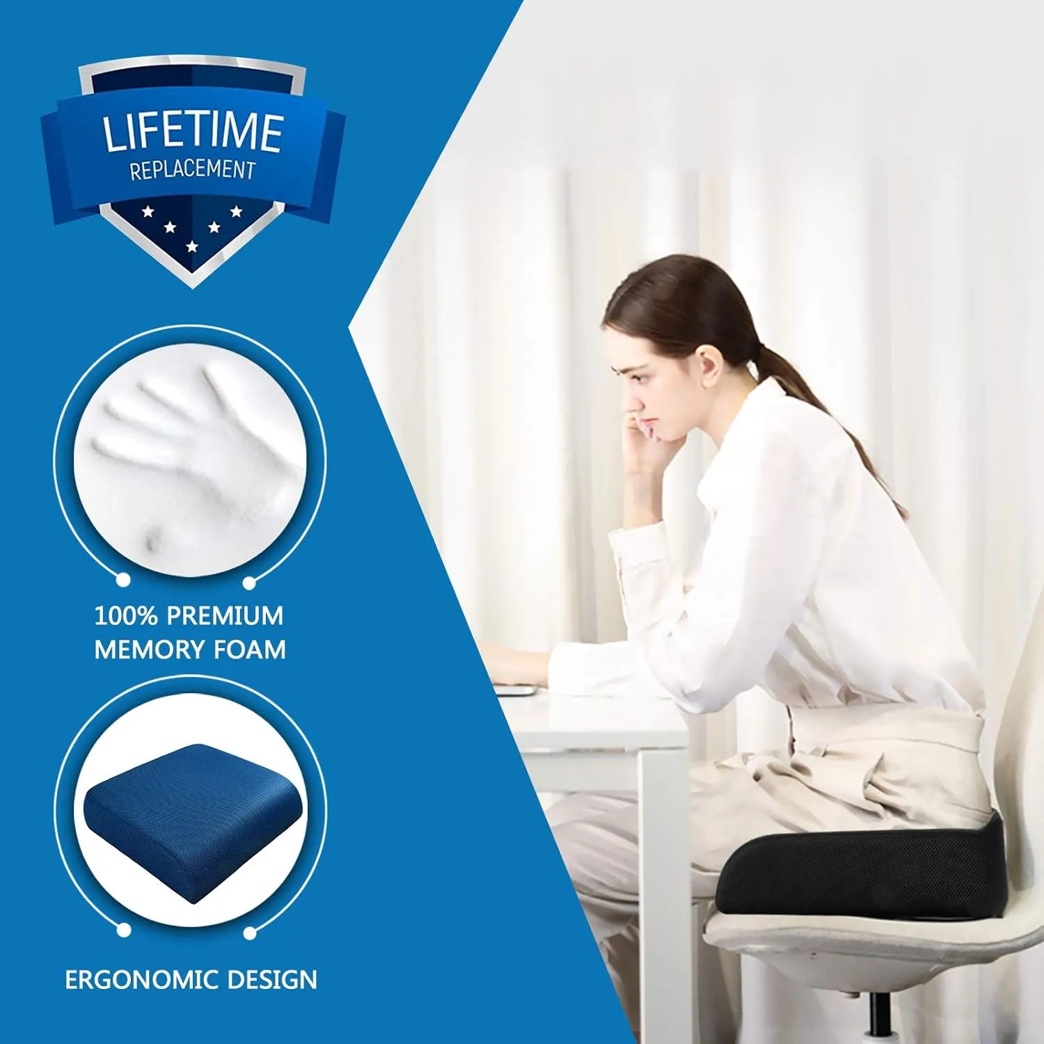 YOUFI Extra Thick Large Seat Cushion -19 X 17.5 X 4 Inch Gel Memory Foam Cushion with Carry Handle Non Slip Bottom - Pain Relief Coccyx Cushion for Wheelchair Office Chair (Blue (1PACK))