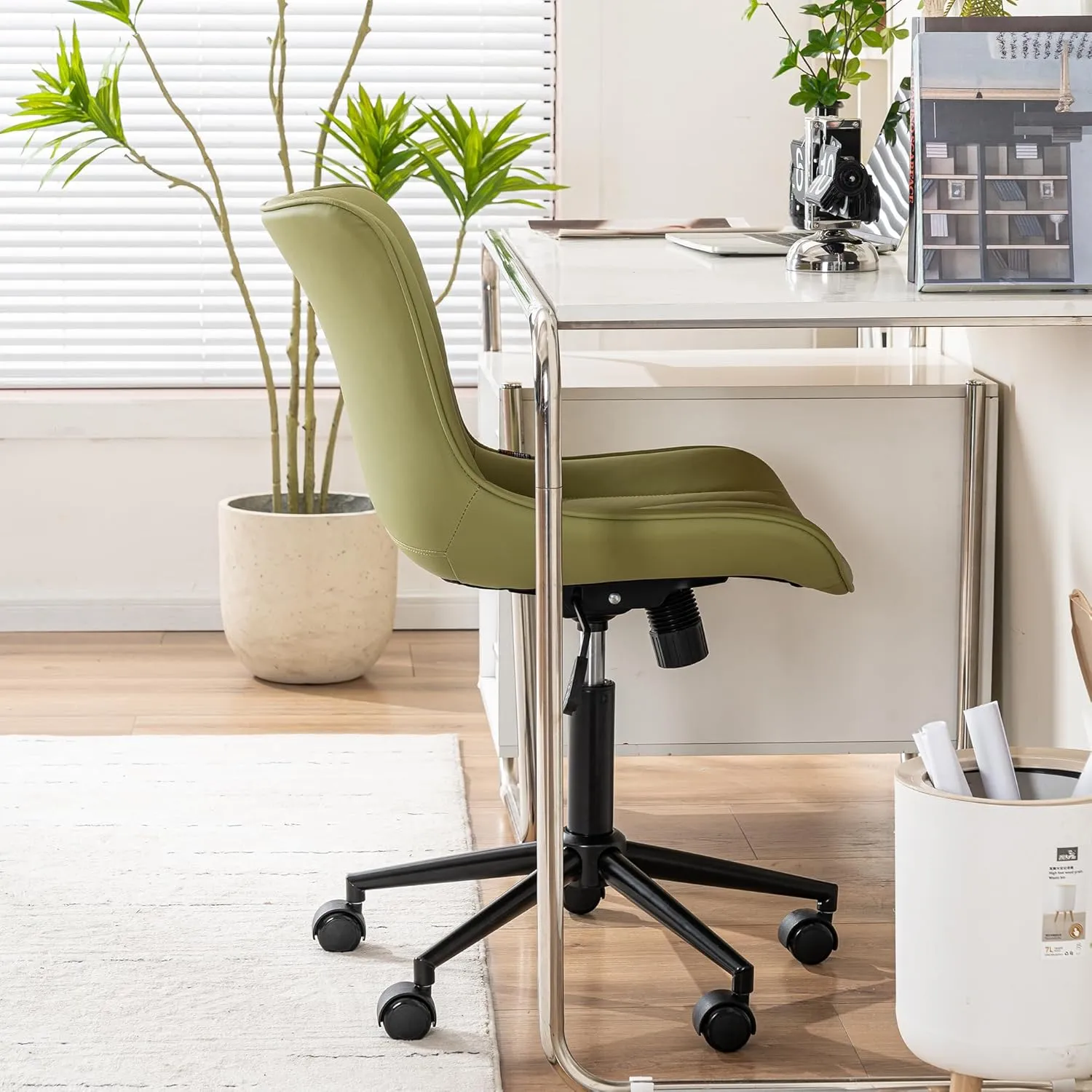 YOUNIKE Office Chair, Armless Desk Chair with Wheels, Home Office Computer Task Chairs, Modern Faux Leather Padded Vanity Chair, Adjustable Swivel Rolling Chairs with Back, Avocado Green