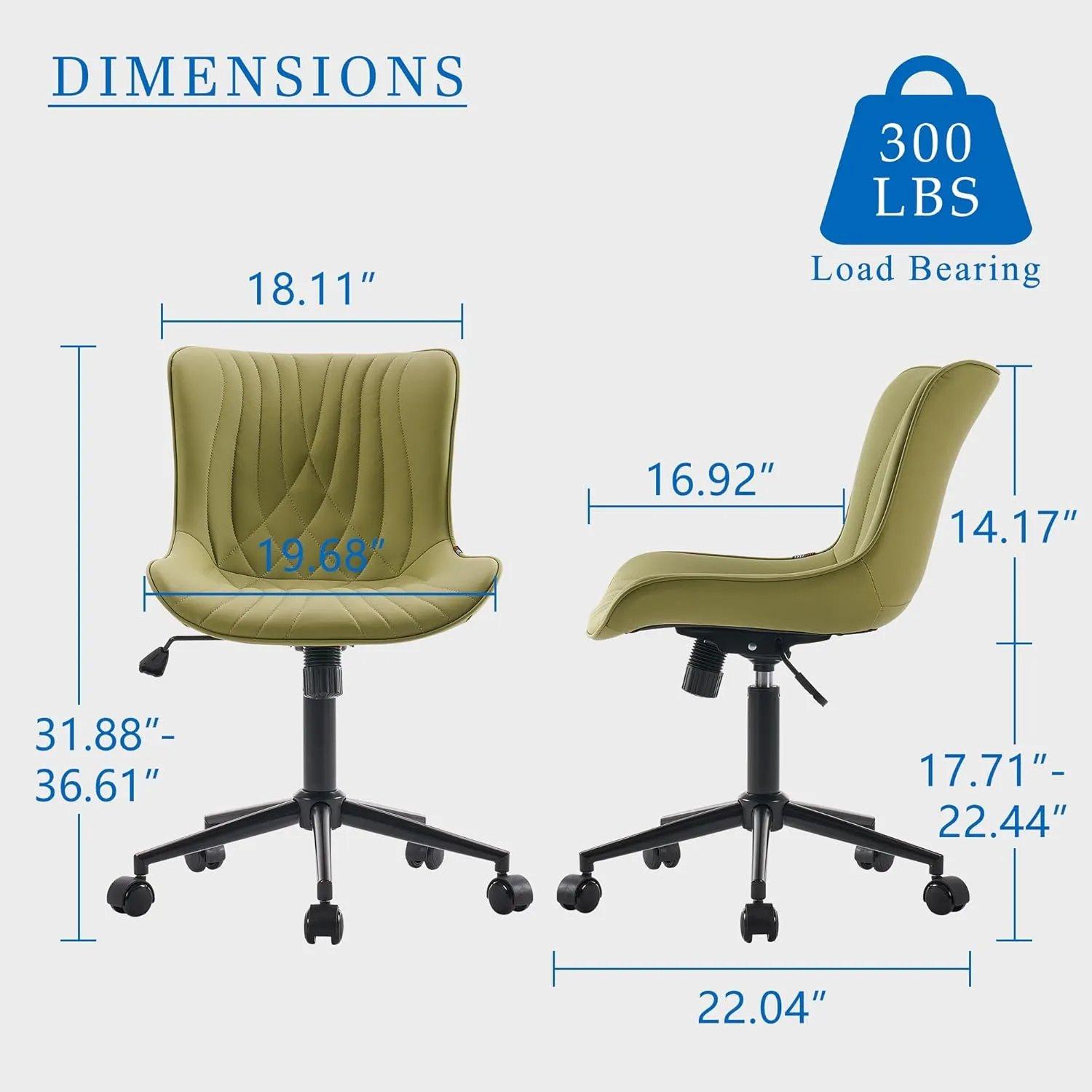 YOUNIKE Office Chair, Armless Desk Chair with Wheels, Home Office Computer Task Chairs, Modern Faux Leather Padded Vanity Chair, Adjustable Swivel Rolling Chairs with Back, Avocado Green