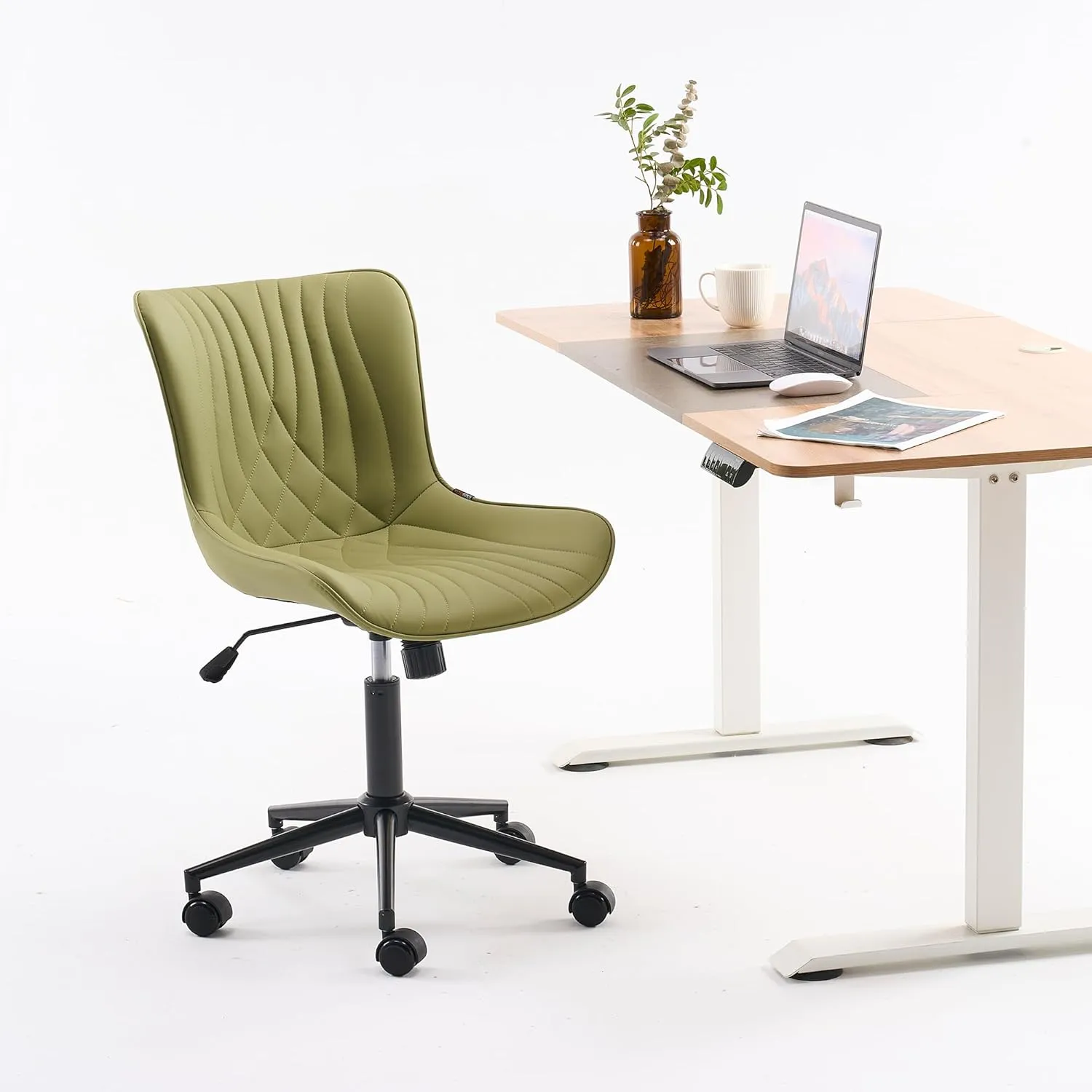 YOUNIKE Office Chair, Armless Desk Chair with Wheels, Home Office Computer Task Chairs, Modern Faux Leather Padded Vanity Chair, Adjustable Swivel Rolling Chairs with Back, Avocado Green