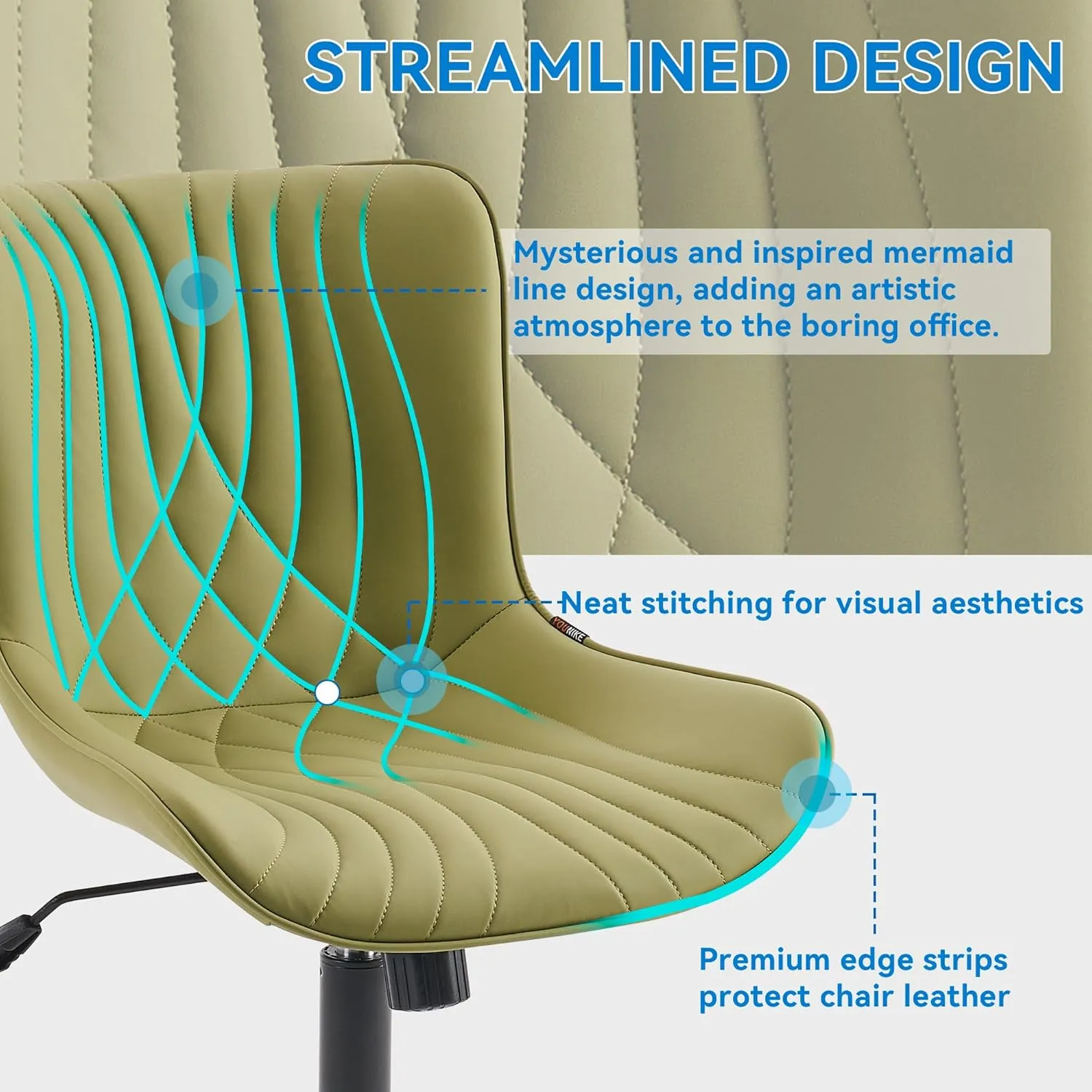 YOUNIKE Office Chair, Armless Desk Chair with Wheels, Home Office Computer Task Chairs, Modern Faux Leather Padded Vanity Chair, Adjustable Swivel Rolling Chairs with Back, Avocado Green