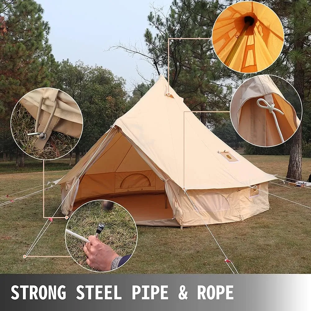 Yurt Tents Bell Tent Oxford Cloth 4-Season Pyramid Tent Family Teepee Camping Tent with Stove Hole for Outdoor Hunting Glamping (White 400X400X250CM)