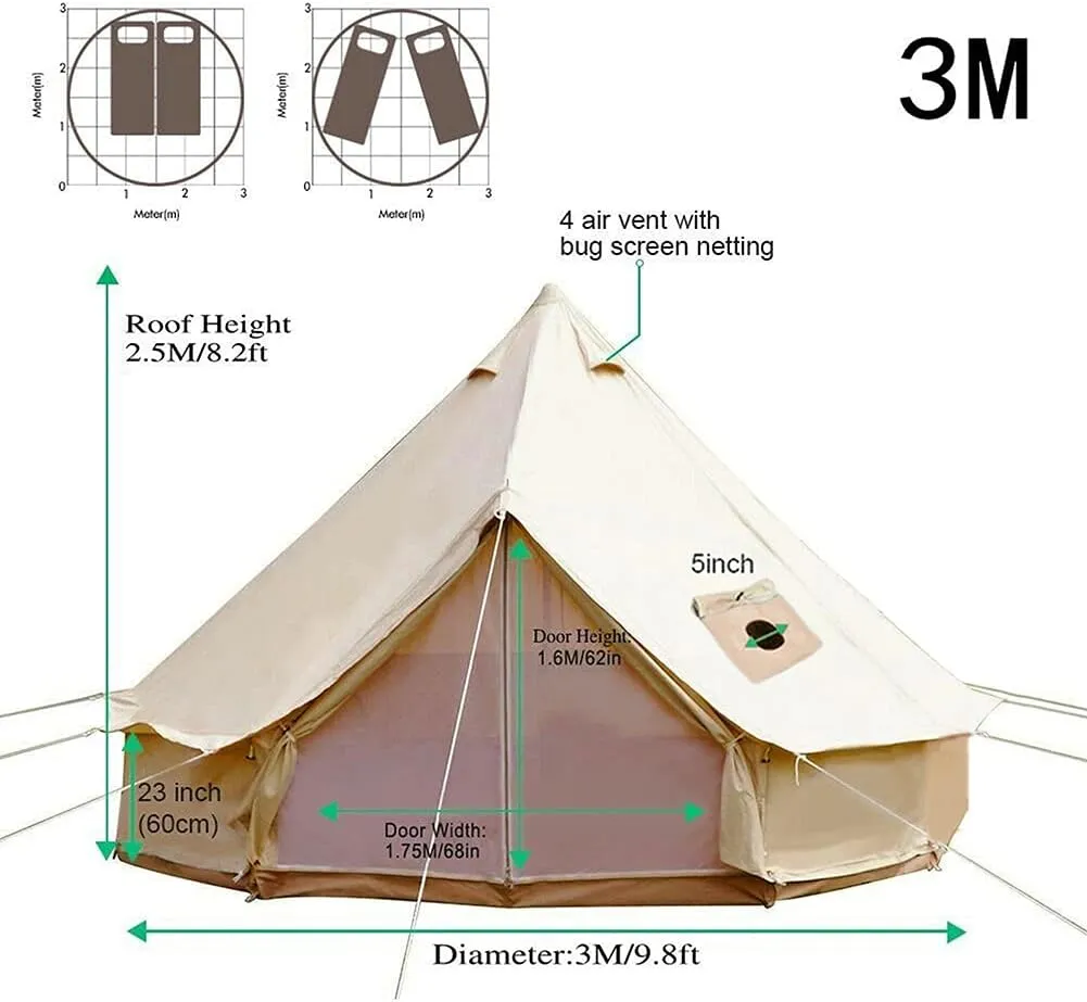 Yurt Tents Bell Tent Oxford Cloth 4-Season Pyramid Tent Family Teepee Camping Tent with Stove Hole for Outdoor Hunting Glamping (White 400X400X250CM)