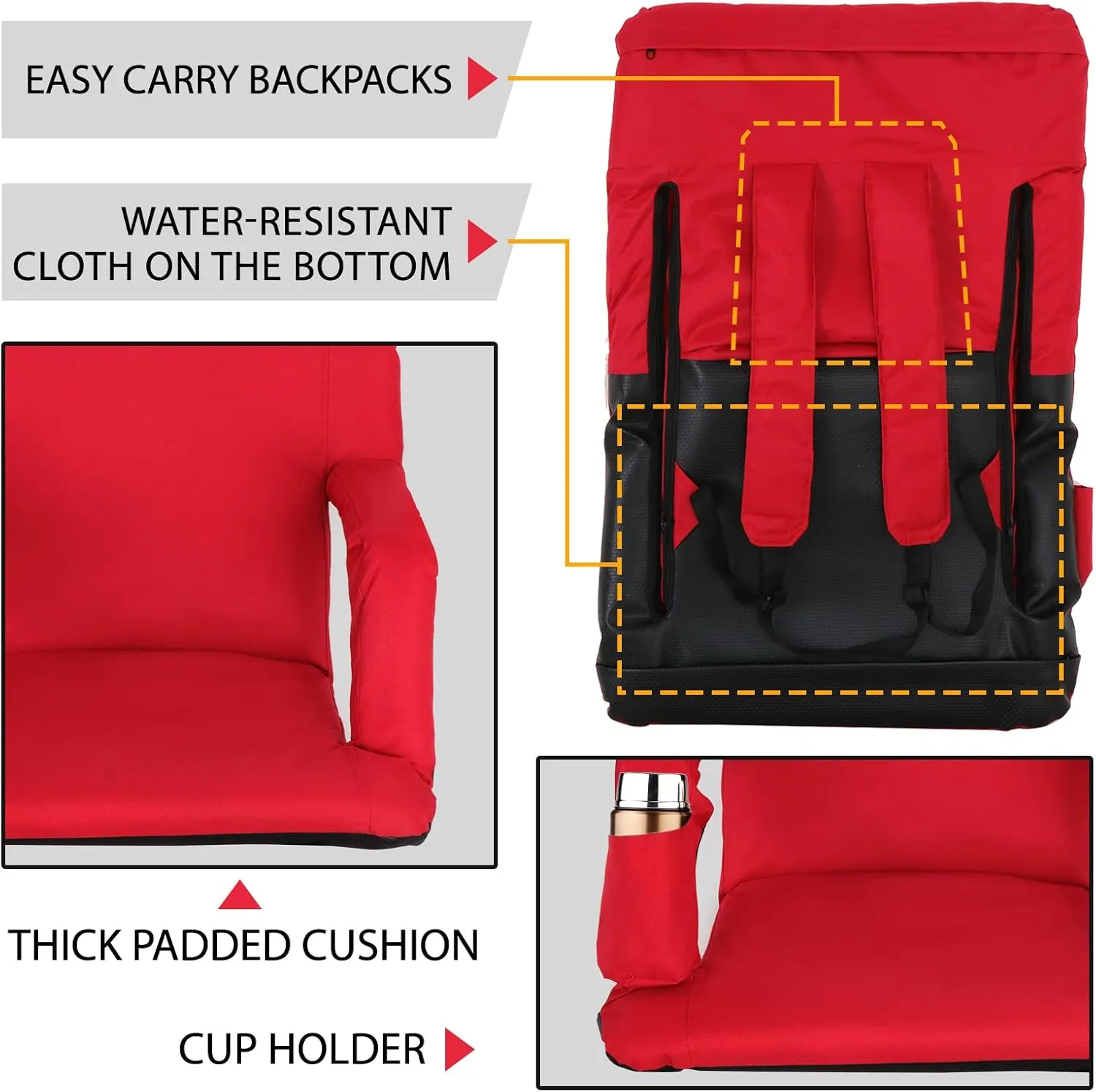 ZENY Folding Stadium Seat Chair with Back Support and Cushion for Bleachers 2 Pack, Reclining Bleacher Seat with Back, Armrests and Cup Holders