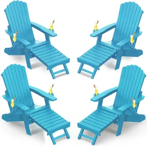 ZHUSI Folding Adirondack Chairs Set of 4 with Retractable Ottoman, Adjustable Adirondack Chair with 2 Cup Holders, Outdoor Chairs for Porch Patio Lawn Balcony Weather Resistant, Lake Blue