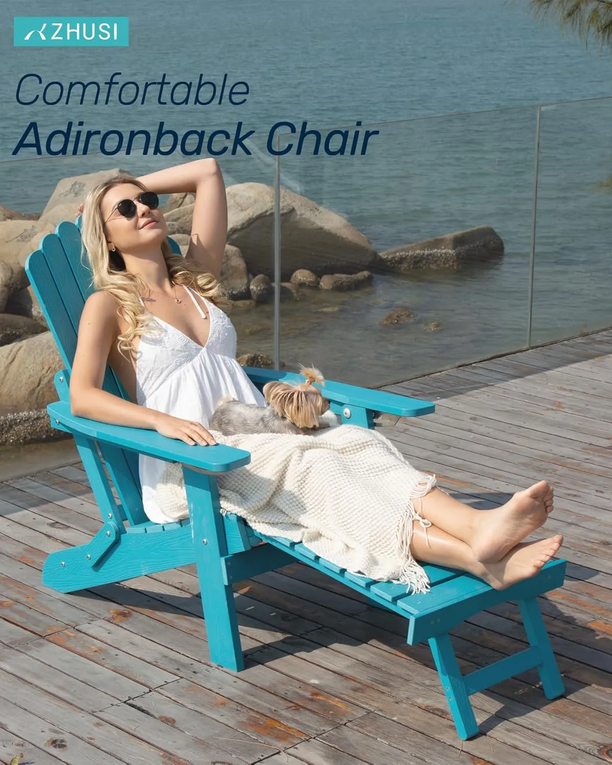 ZHUSI Folding Adirondack Chairs Set of 4 with Retractable Ottoman, Adjustable Adirondack Chair with 2 Cup Holders, Outdoor Chairs for Porch Patio Lawn Balcony Weather Resistant, Lake Blue