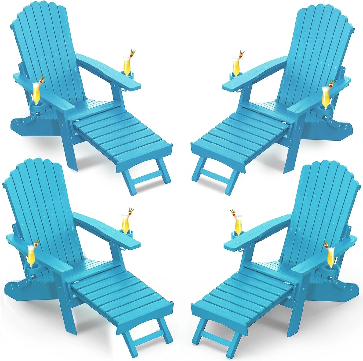 ZHUSI Folding Adirondack Chairs Set of 4 with Retractable Ottoman, Adjustable Adirondack Chair with 2 Cup Holders, Outdoor Chairs for Porch Patio Lawn Balcony Weather Resistant, Lake Blue
