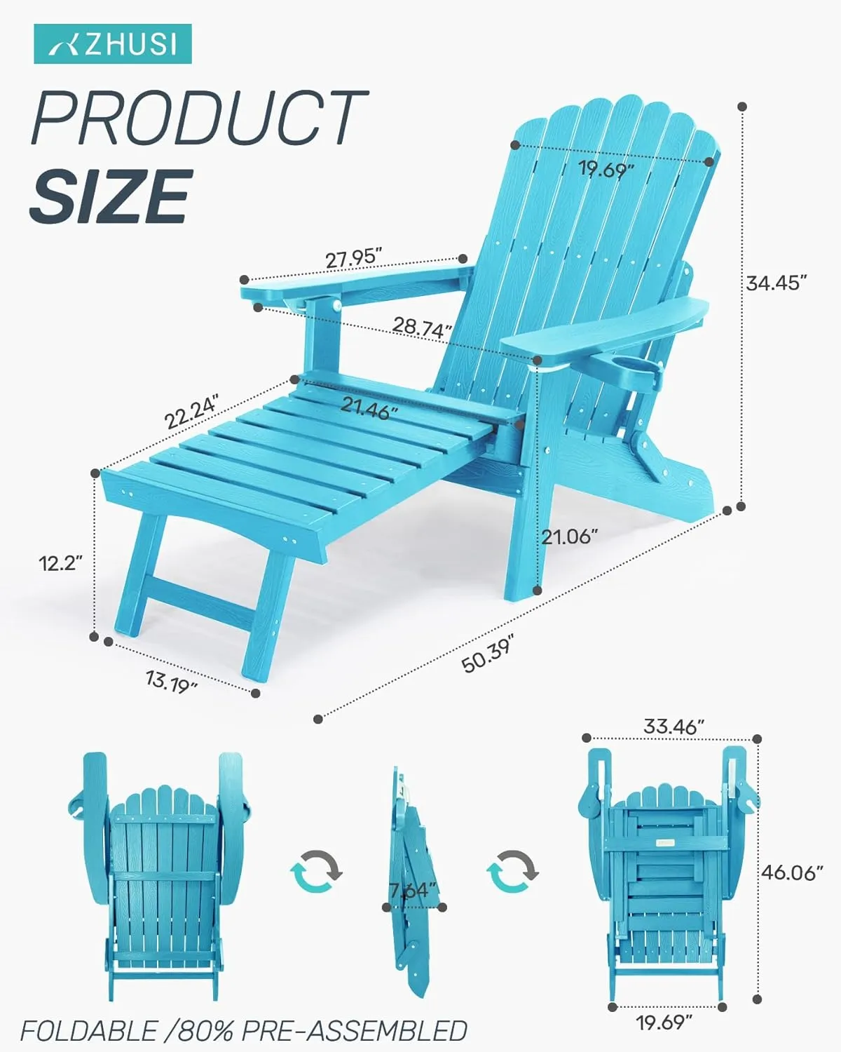 ZHUSI Folding Adirondack Chairs Set of 4 with Retractable Ottoman, Adjustable Adirondack Chair with 2 Cup Holders, Outdoor Chairs for Porch Patio Lawn Balcony Weather Resistant, Lake Blue