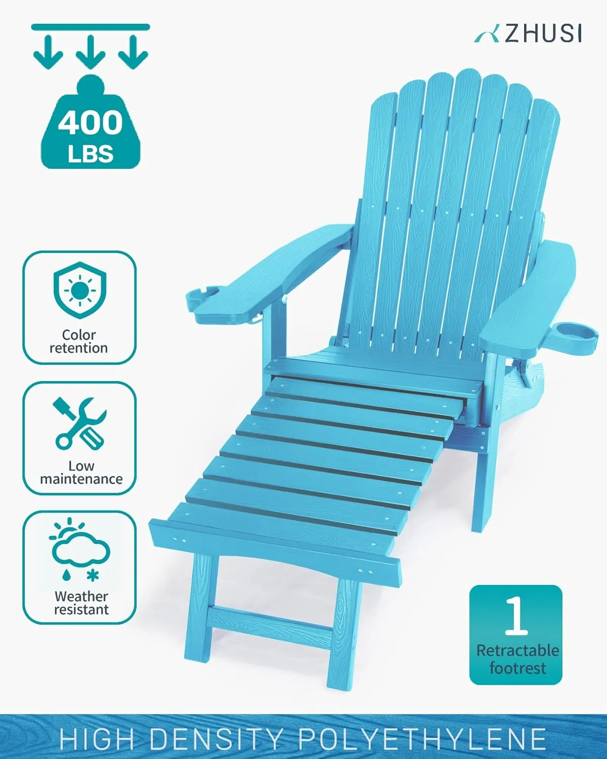 ZHUSI Folding Adirondack Chairs Set of 4 with Retractable Ottoman, Adjustable Adirondack Chair with 2 Cup Holders, Outdoor Chairs for Porch Patio Lawn Balcony Weather Resistant, Lake Blue