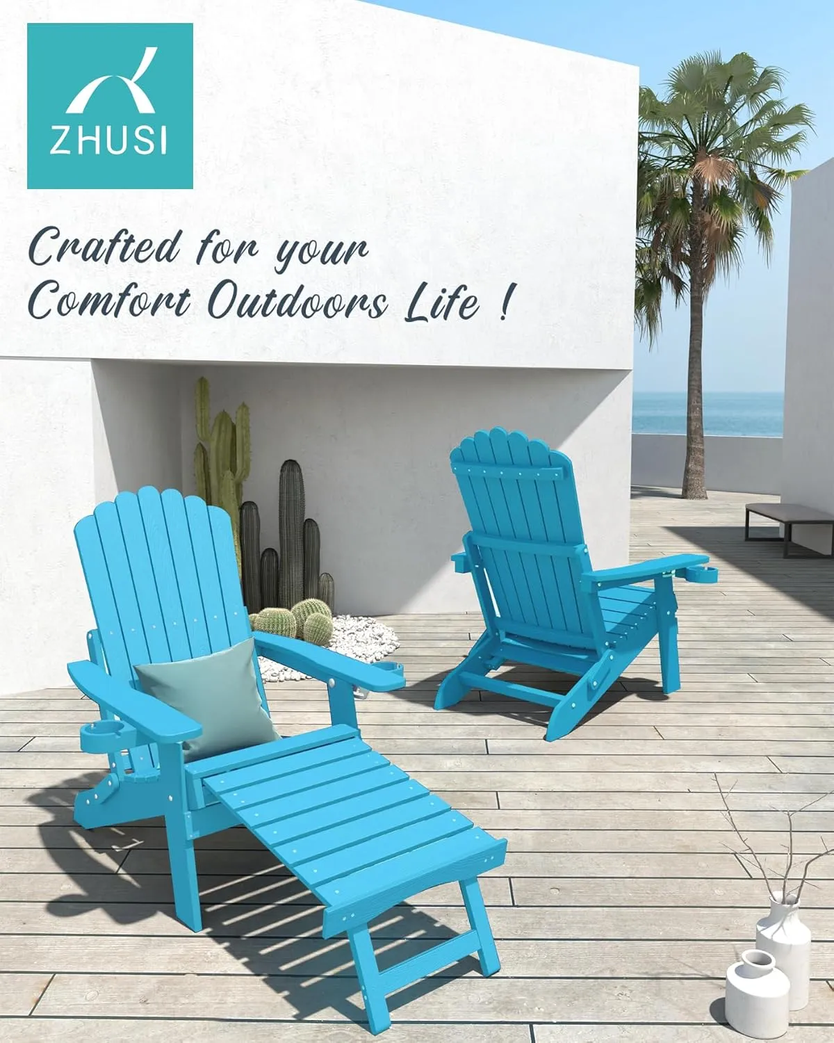 ZHUSI Folding Adirondack Chairs Set of 4 with Retractable Ottoman, Adjustable Adirondack Chair with 2 Cup Holders, Outdoor Chairs for Porch Patio Lawn Balcony Weather Resistant, Lake Blue