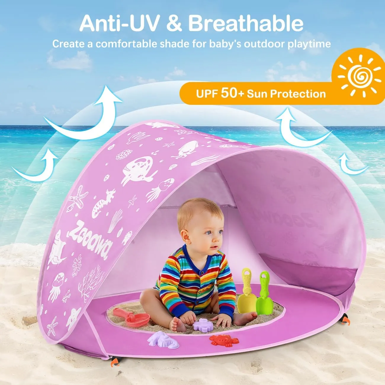 Zooawa Baby Beach Tent, Pop Up Beach Tent Sun Shade for Beach, Portable Shade Pool UV Protection Sun Shelter for Infant with Beach Sand Toys Set