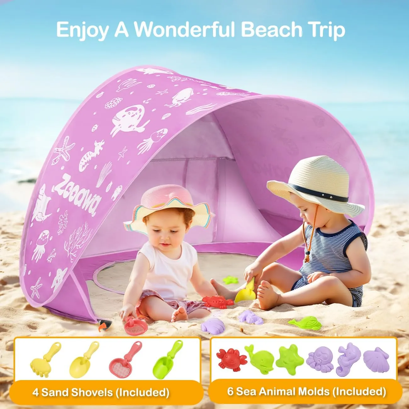 Zooawa Baby Beach Tent, Pop Up Beach Tent Sun Shade for Beach, Portable Shade Pool UV Protection Sun Shelter for Infant with Beach Sand Toys Set
